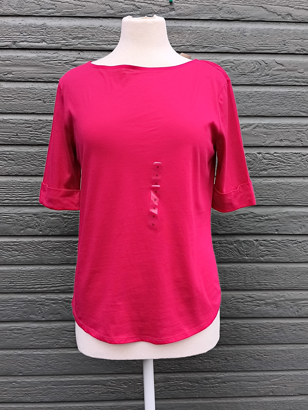 Ann Taylor Hot Pink Boatneck Elbow Sleeve Tee
